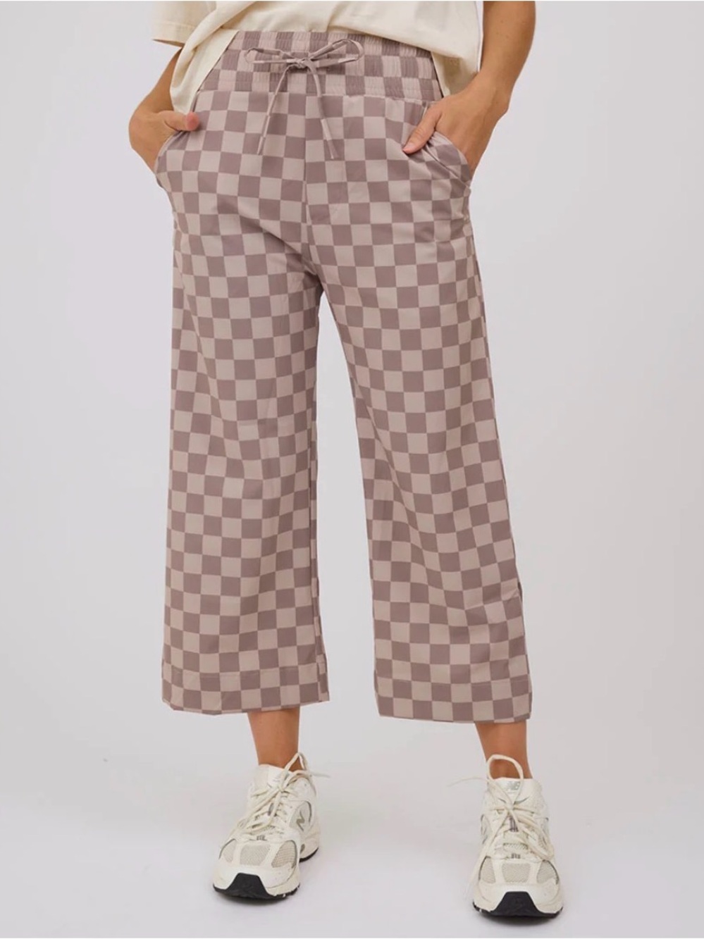 Albion Checkered Cropped Wide-Leg Pants in Taupe